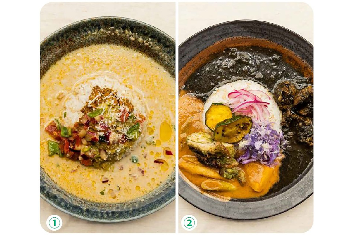 「はらいそsparkle」（大阪・江戸堀）と「spice & Indian curryカリクロ」（大阪・南森町）による、①「セミドライチキンカレーを乗せたスープカレータコス」（2,000円）、②「イカ墨仕立てのポークビンダルーとはらいそ野菜カレーと大葉ジャークチキン」（2,000円）