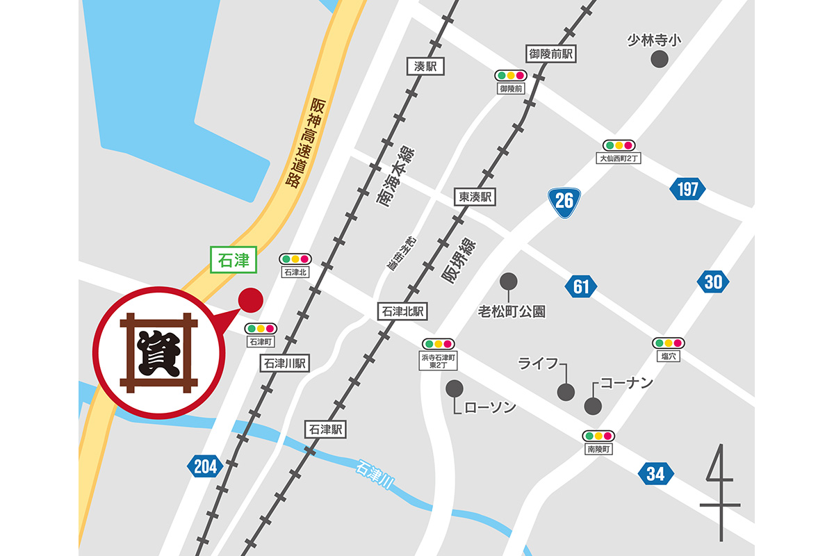 国道26号線沿いで、駐車場も40台完備された「資さんうどん堺浜寺店」地図