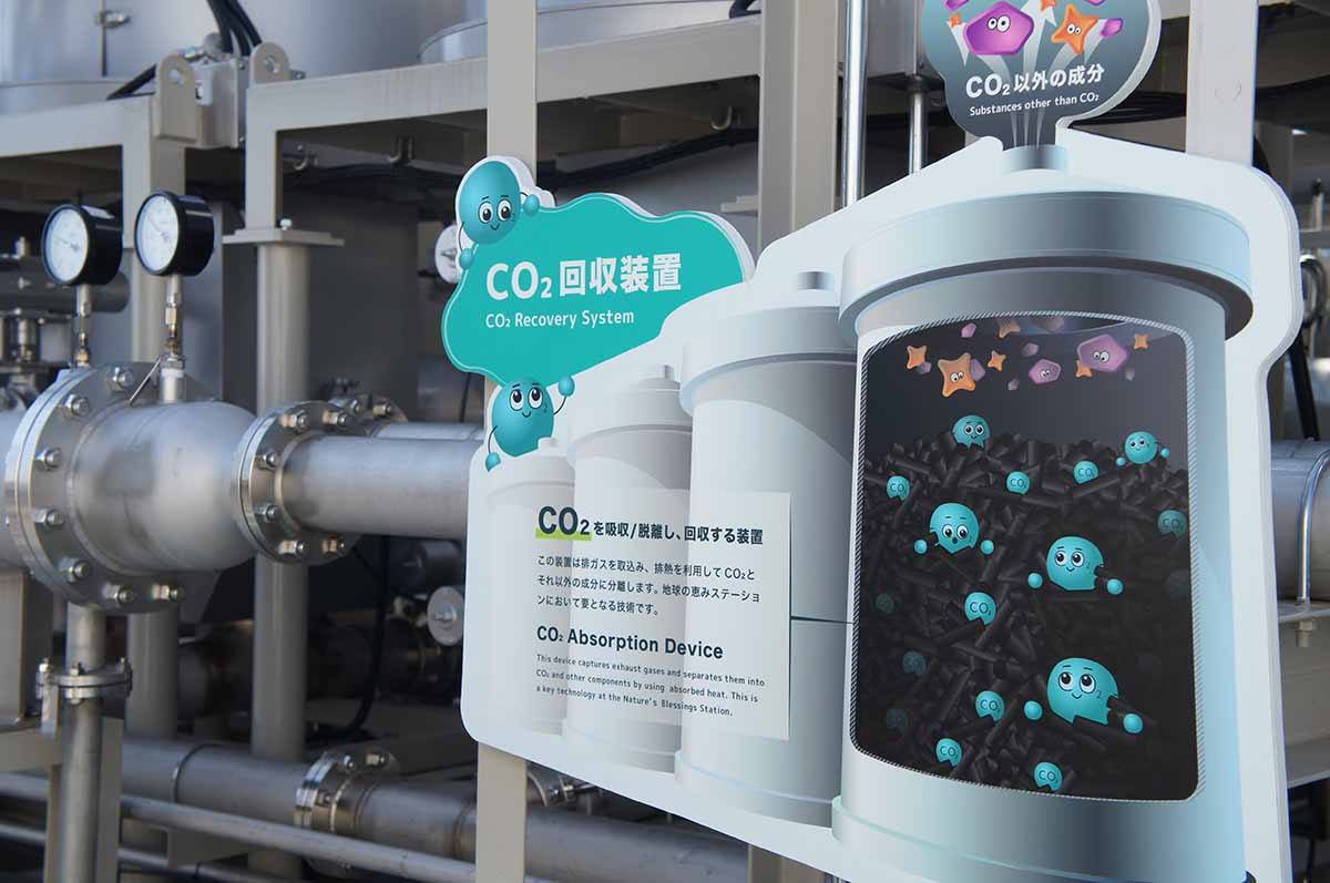 取り込んだ排ガスから効率よくCO2を回収する「地球の恵みステーション」において要の装置（2025年・地球の恵みステーション）