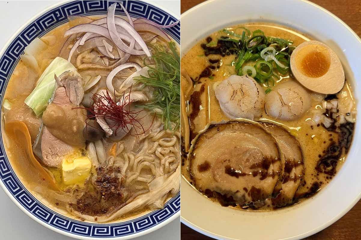 左から「らーめんさかい」の「秋鮭ちゃんちゃん味噌ラーメン」（1,480円、各日販売予定数100、10/22〜27）、「らーめん虎」の「特製帆立虎ブラックラーメン」（1,815円、各日販売予定数300、10/15〜21）