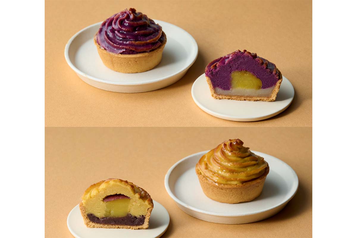「氷とお芋の専門店 らんらん」の「あんぽてタルト（黄金・紫）」（各584円）