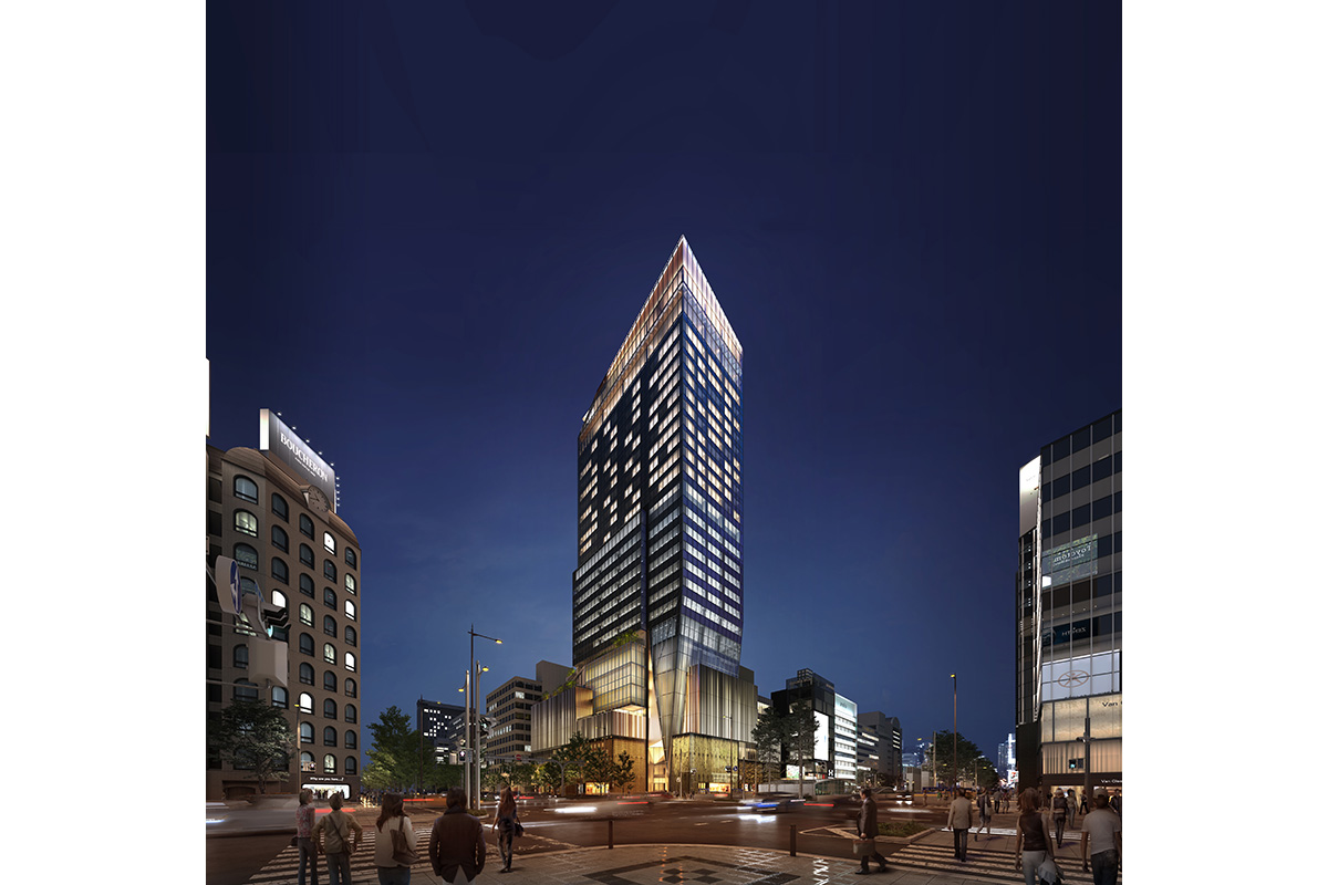 「THE GATE HOTEL 大阪 by HULIC」が入居する複合施設の外観イメージ（夜）