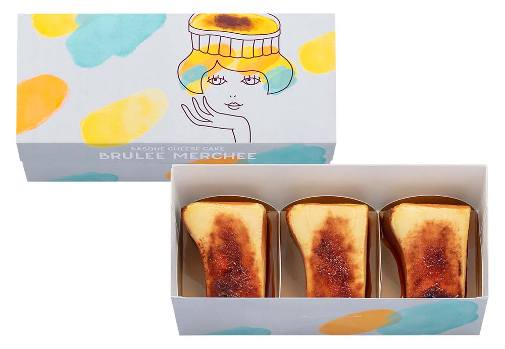 「ブリュレバスクチーズ ブリュレ・メルチー」（3個1,944円）、販売は10:00～、16:00～ の1日2回（ひとり2箱まで）
