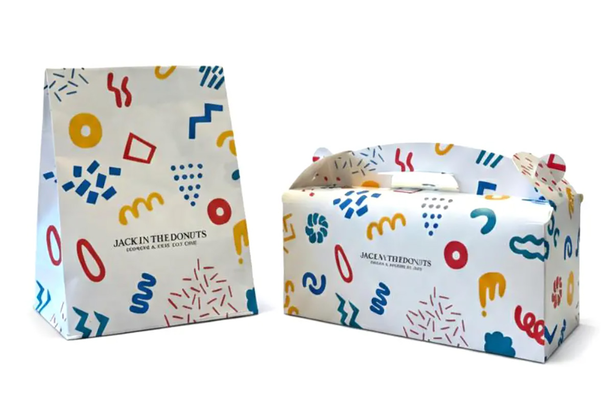 カラフルで遊び心あるデザインとなる「JACK IN THE DONUTS」の紙袋、紙箱(提供画像)