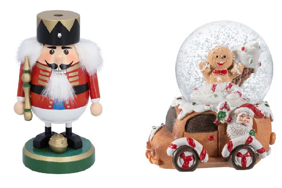 左から「ケーテ・ウォルファルト」のケーテ・オリジナル スモーキー 王様（2025年版／9,100円）、スノードーム“ジンジャーブレッドカー”（2,000円）／11月19日～12月21日