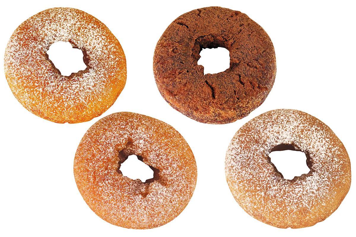 「milkyドーナツ」（左上からプレーン、チョコレート、左下からいちご、季節限定のキャラメル／各199円・税込）