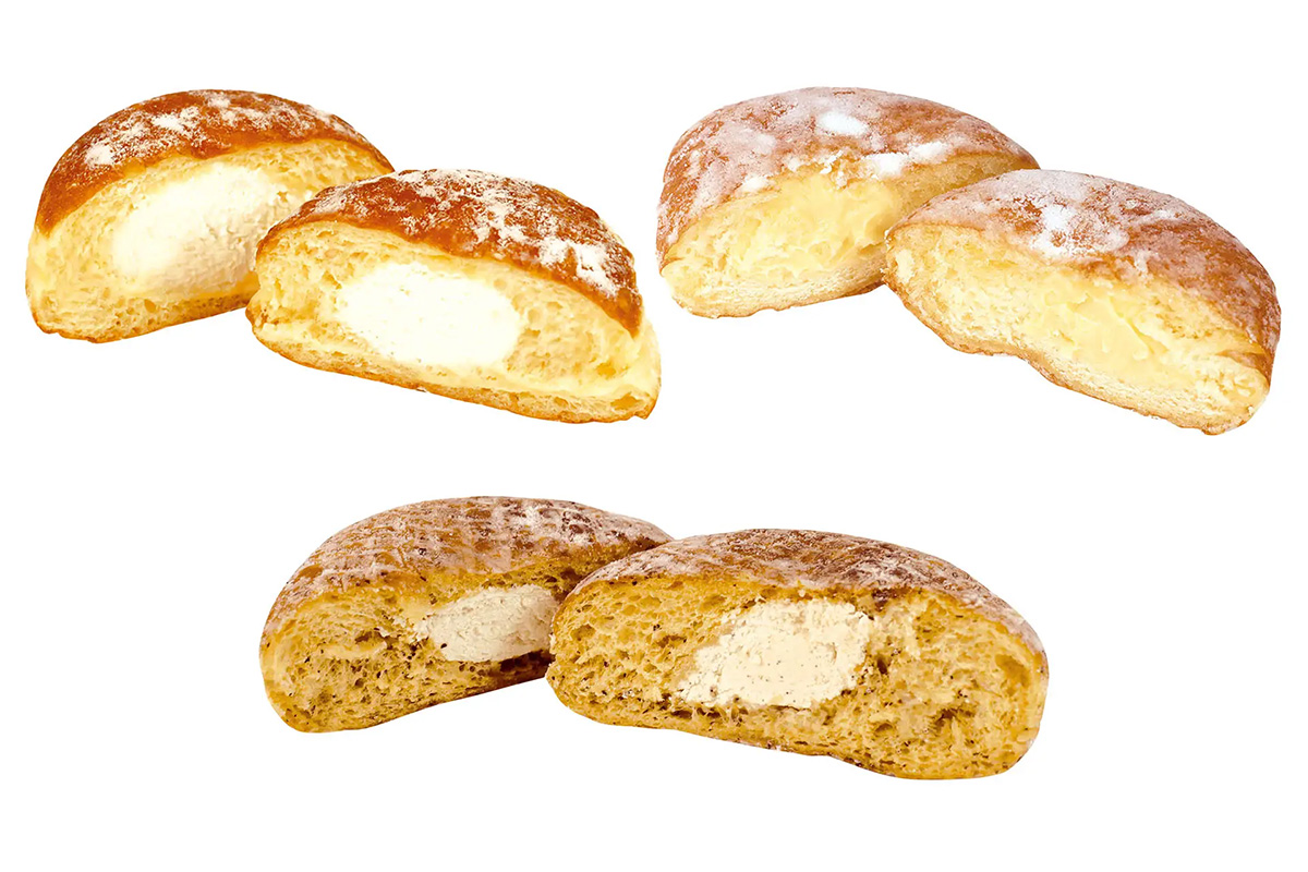 「milkyクリームドーナツ」（左上からプレーン・カスタード、下が季節限定ロイヤルミルキーティー／212円・税込）