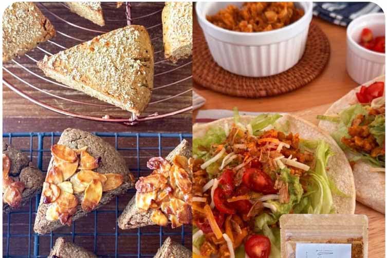 「mamekuru café」による、hitosaji spice スパイスミックス（各920円）、スコーン（各560円）、タコス（780円）※イートインのみ