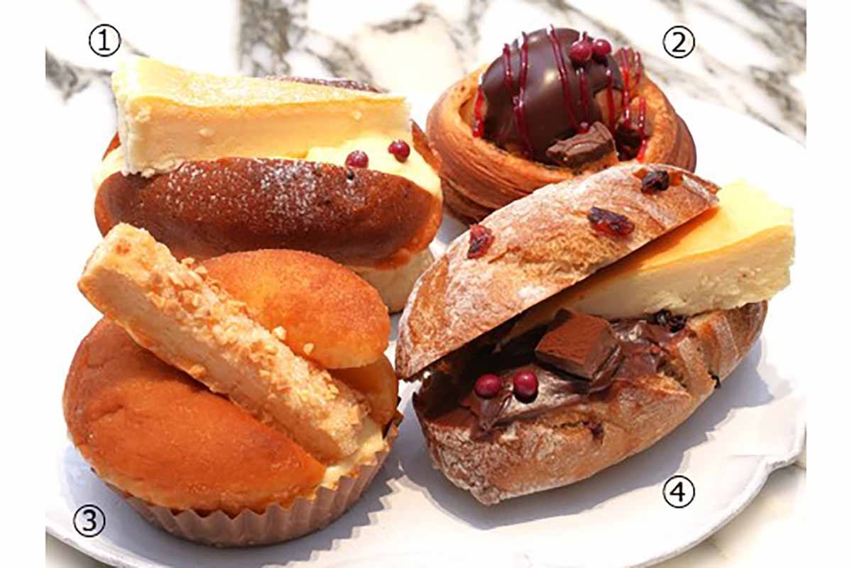 「ブーランジュリー パリゴ」と「ポアール」の(1)パリゴの「ミルククリーム」×ポアールの「帝塚山チーズケーキ」（519円）(2)パリゴの「デニッシュ」×ポアールの「プチエクレア」（519円）(3)パリゴの「シナモンのブリオッシュ」～ポアールのアップルパイ風～（540円）(4)パリゴの「サワーチェリーのセーグル」×ポアールの「帝塚山チーズ＆ショコラ」（562円）販売：12月3日（水）・4日