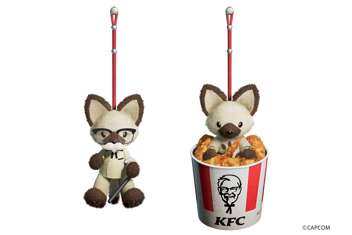 カーネル・サンダース姿とバーレルに入ったアイルーのコラボチャーム（画像はイメージ）