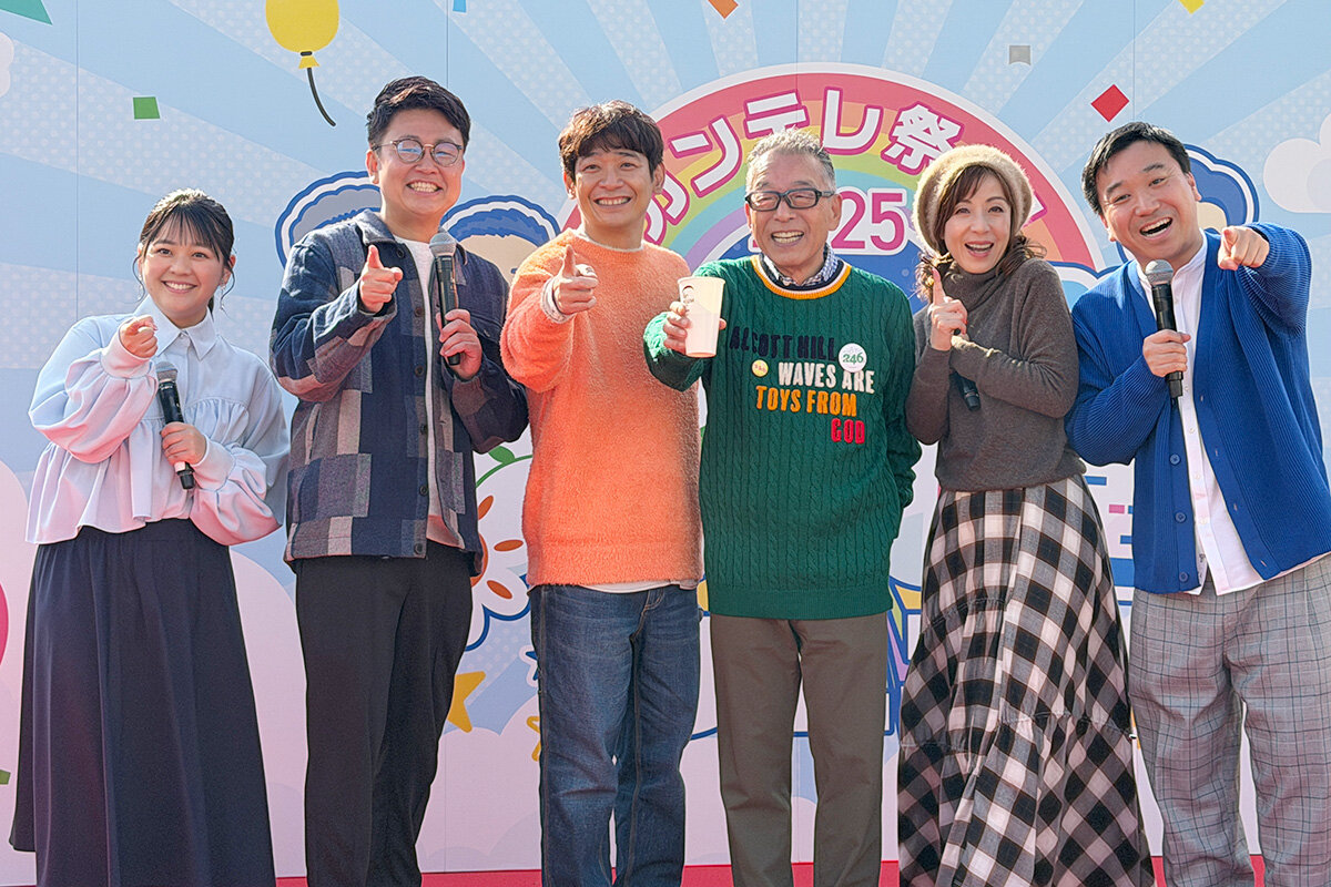 左から、谷元星奈アナウンサー（カンテレ）、銀シャリ（橋本直、鰻和弘）、円広志、羽野晶紀、月亭八光（2025年11月21日・扇町公園）