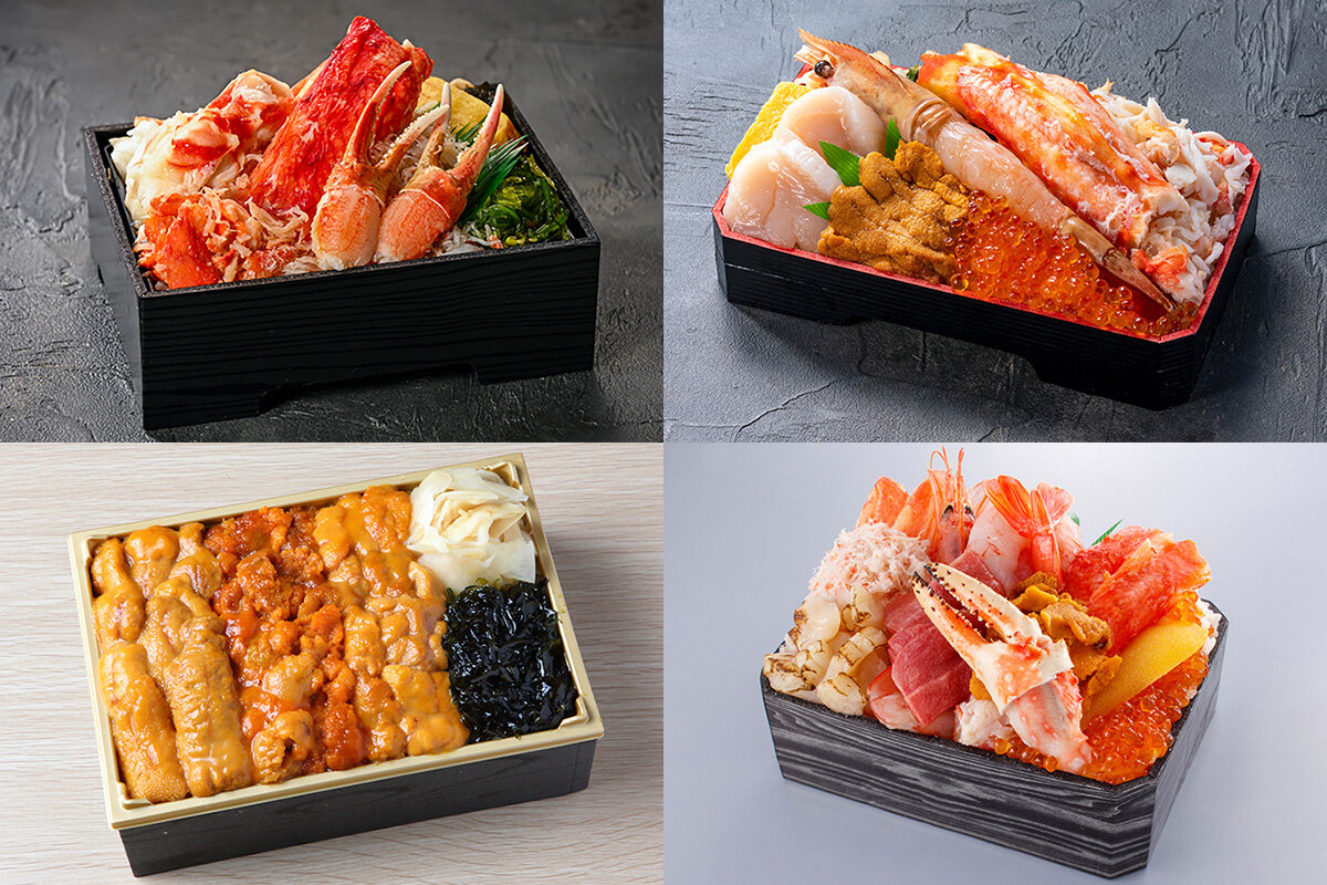 左上から時計回りに、「汐音」の「豪快蟹づくし弁当」（各日100個・4,320円・以下全て税込）、「海のや」の「道産特大ぼたん海老と大玉ほたて入り弁当」（各日20個・5,940円）、「鮨 龍儀」の「北海道産炙り帆立とボタン蛯と4種類のかにの食べ比べメガ盛り海鮮弁当」（各日30個・3,888円）、「うに専門店 世壱屋」の「ムラサキうに・バフンうに 食べ比べ弁当」（各日30個・4,320円）