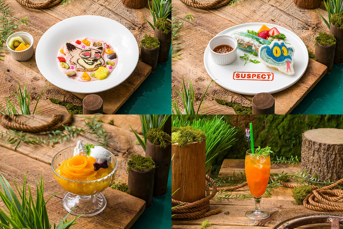 左上から時計回りに、「＜ニック＞ビーツシチュー」（1,990円・以下全て税込）、「＜ゲイリー＞生春巻きプレート」（2,090円）、「＜ジュディ＞ニンジンソーダ（特典コースター付き）」（990円）、「＜ジュディ＆ニック＞パーティーパフェ」（1,190円） © Disney