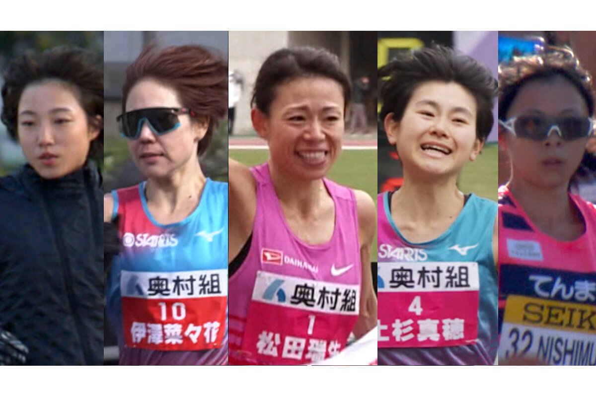 左から、矢田みくに選手、伊澤菜々花選手、松田瑞生選手、上杉真穂選手、西村美月選手