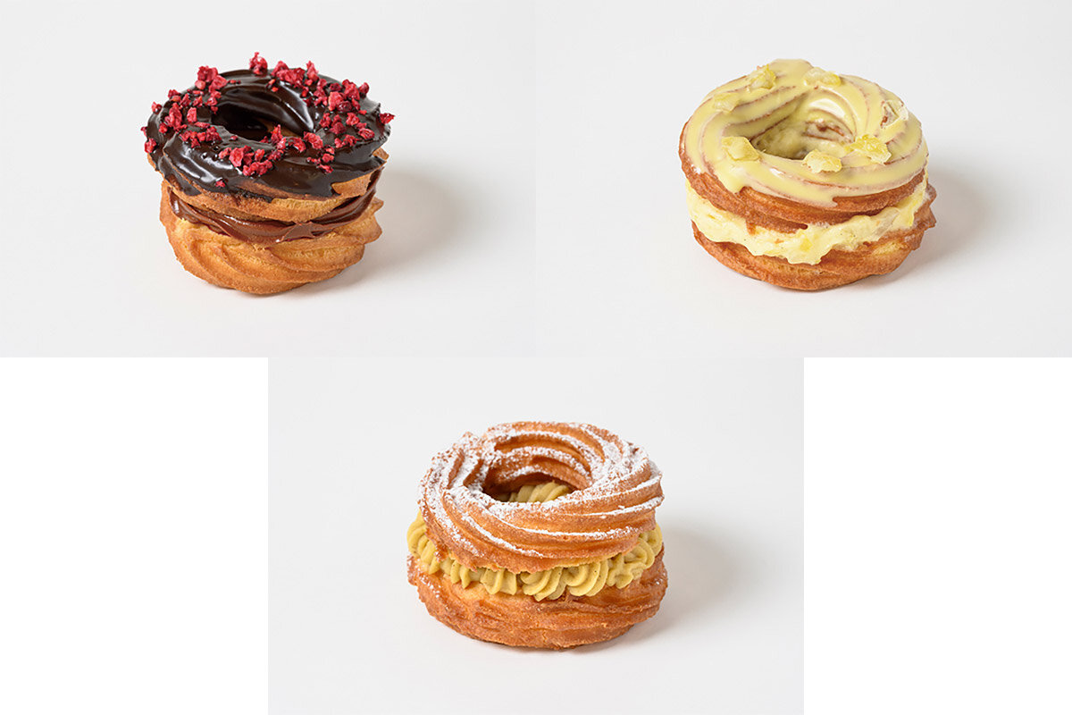 「アトリエうかい」の「フレンチクルーラー」（左上：マダガスカルカカオ フランボワーズ、右上：瀬戸内レモン、下：湖梅園小仲さんの和栗、各550円・税込）