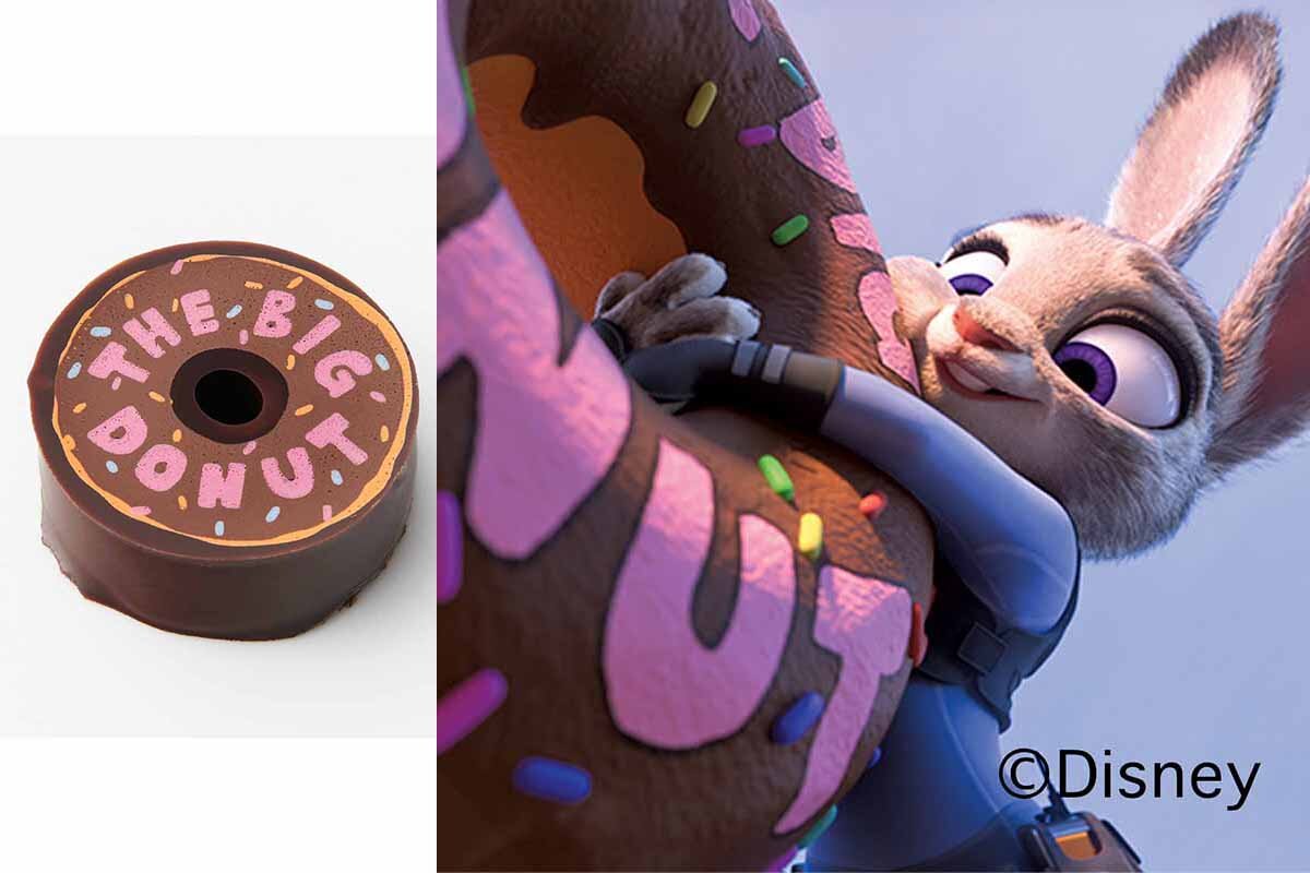 ドーナツ型のショコラ「まっすぐなこころ」は、正義感あふれるジュディが転がる巨大なドーナツをキャッチするシーンをイメージ