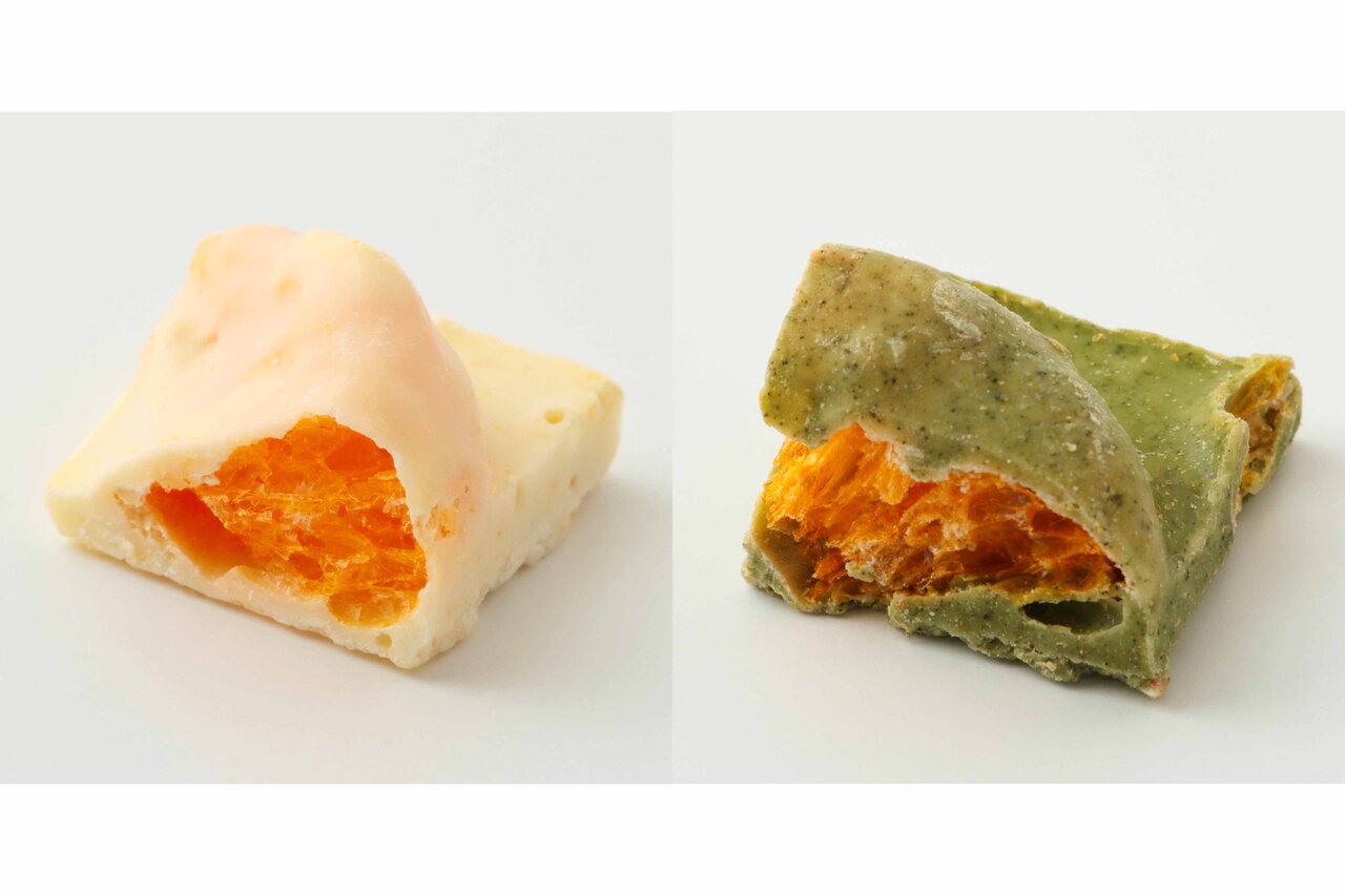左から「温州みかん＆ホワイトチョコ」、「温州みかん＆ホワイトチョコ＆大和かぶせ茶」