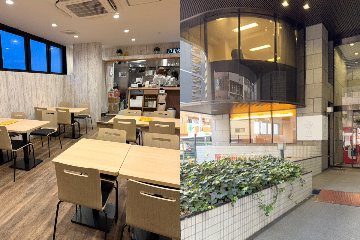 ヴィーガンラーメン専門店「MERCY Vegan Ramen 博労町店」の内観（左）と外観