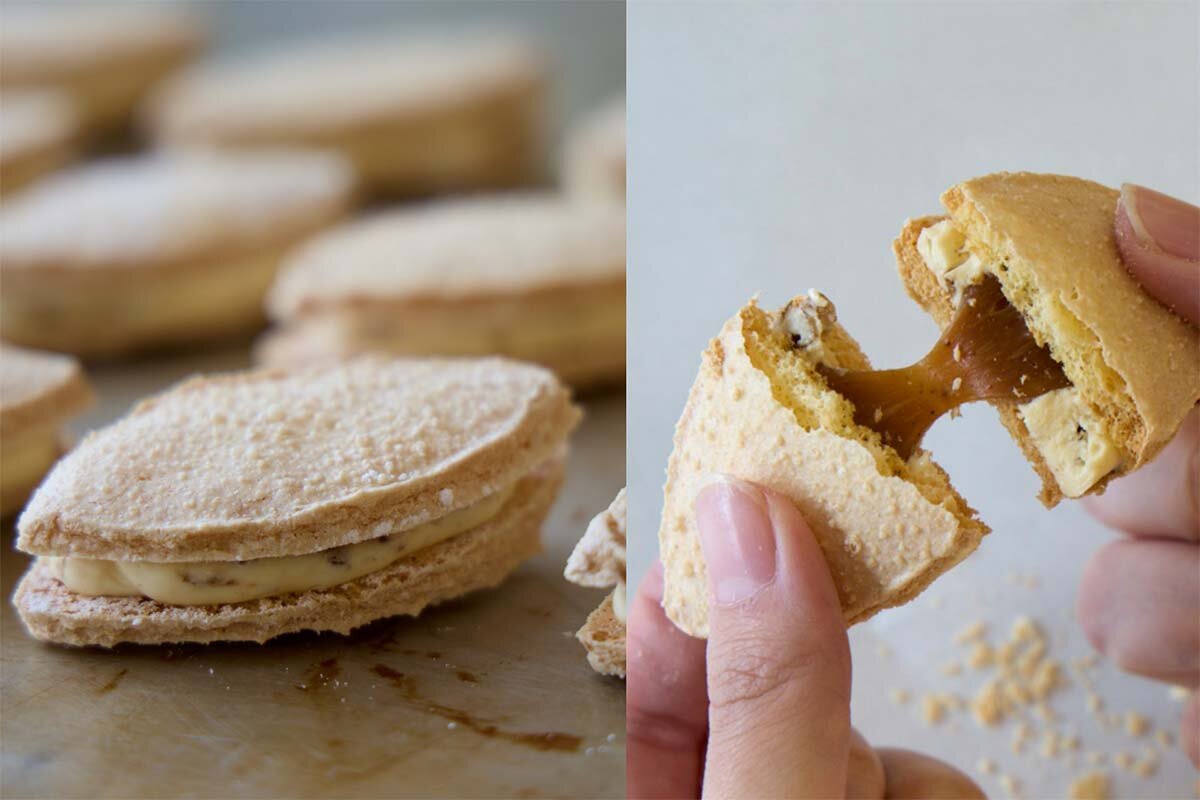 大阪産デラウェアの自家製レーズンをラム酒漬けにし、ノルマンディー種の乳牛から作られる発酵バターのクリームに合わせてビスキュイでサンドした「デラウェアレーズンバター」（5枚入1,951円・トゥシェドゥボワ）