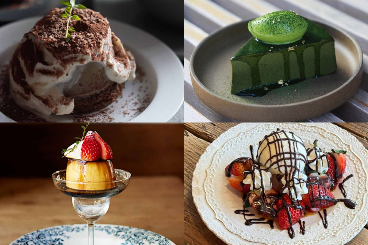 左上から時計回りに、「ティラミスプヂ」（店内飲食商品・1,201円・以下全て税込）、「濃厚 抹茶プリン〈ドリンクセット〉」（1,201円）、「ホットファッジチョコプリン」（1,801円）、「空とぶプリン」（1,100円）