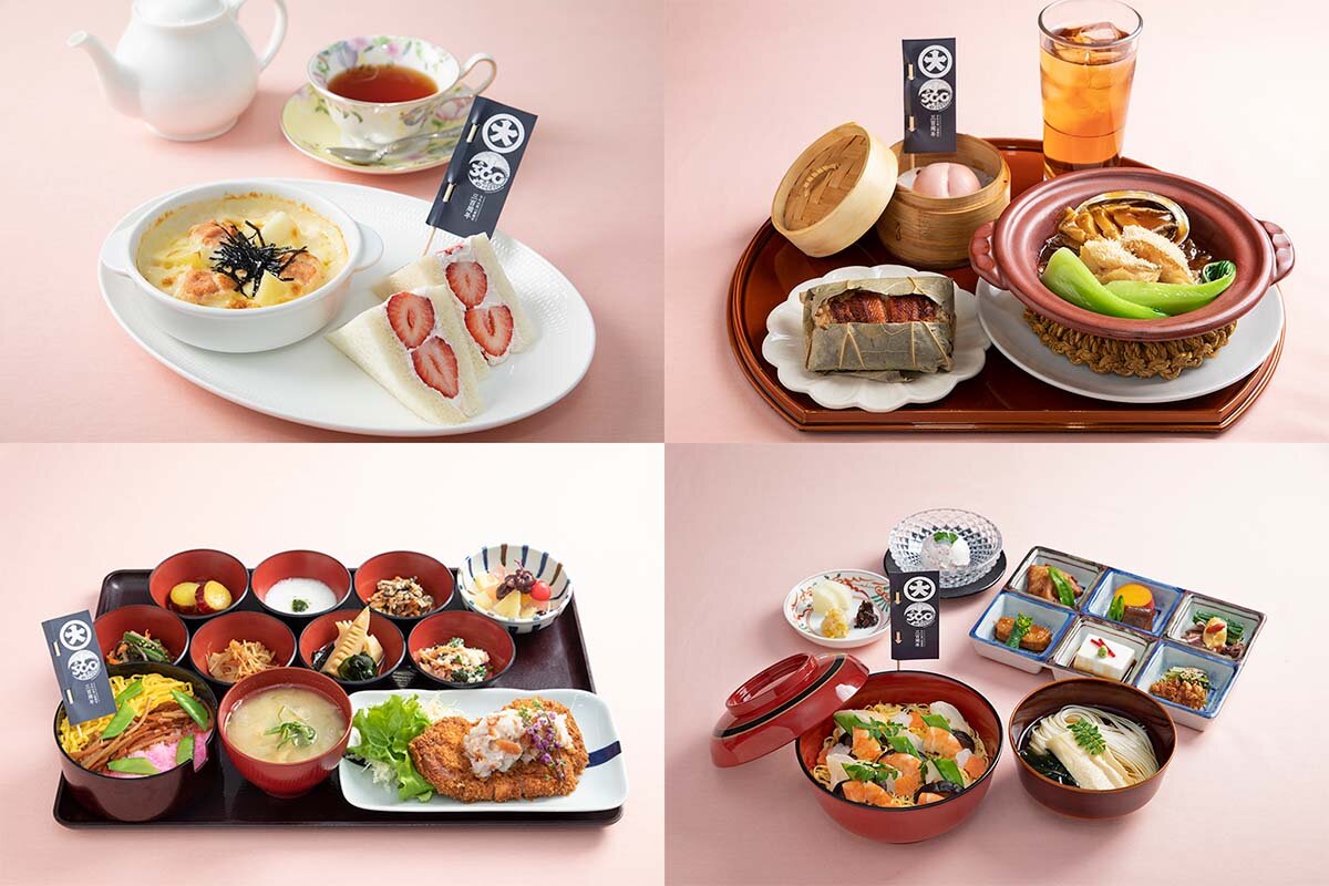 「大丸心斎橋店」のおとな様ランチ。上段左から「サロン ド テ ヴォーリズ」「中国料理 梅梅」、下段左から「季節の贅沢 堺 銀シャリ げこ亭」「日本料理 湯木」より