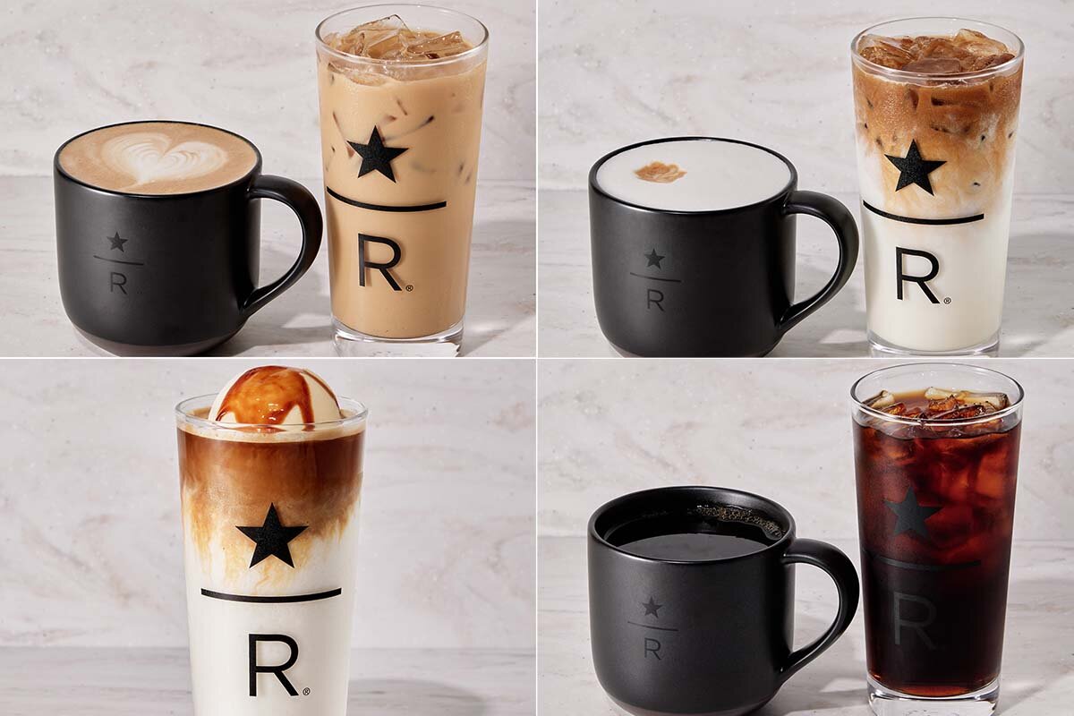 上段左からクリエイション ラテの「クラシック ダブル トール ラテ」（760円）、トリート コーヒーの「スイートミルク コーヒー」（760円）、下段左からドルチェ コーヒーの「エスプレッソ アフォガート フラペチーノ」（880円）、ブリュードコーヒーの「トゥデイズ コーヒー」（590円）