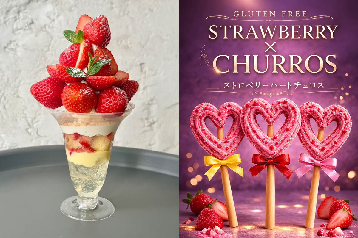 左から、「いちごの贅沢パフェ」（FRUIT AREA 29）、「ハート形の米粉チュロス〜ストロベリーver.〜」（Blue Cocina）