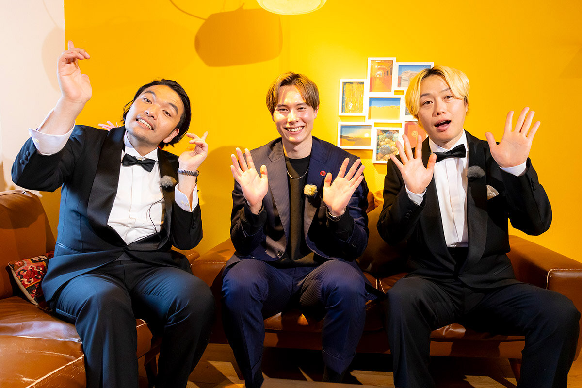 番組MCをつとめる見取り図のファンだという髙橋藍選手（中央）