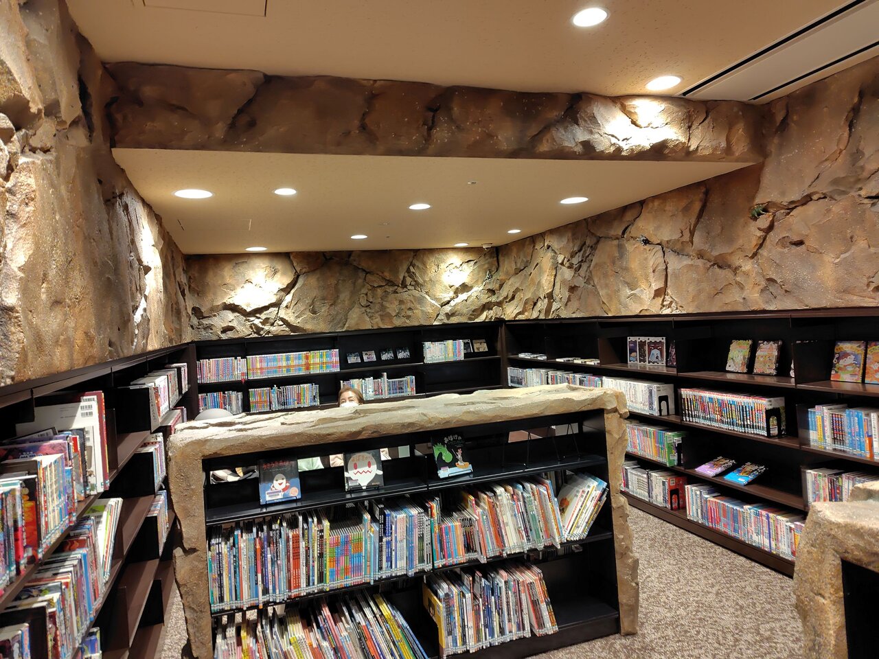 洞窟のような本棚や内装（３月28日、大阪府寝屋川市）