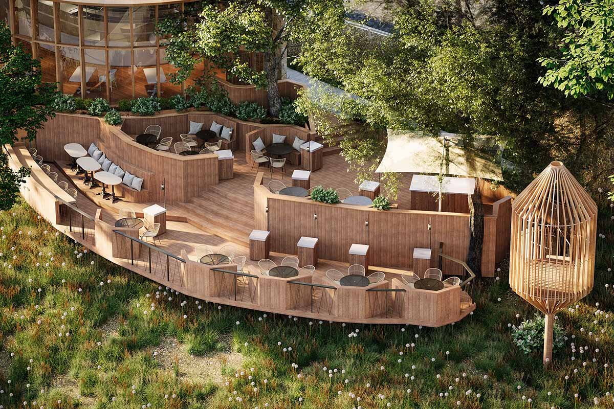 五月山の自然と一体化した「五月山サファリビストロ」の外観イメージ