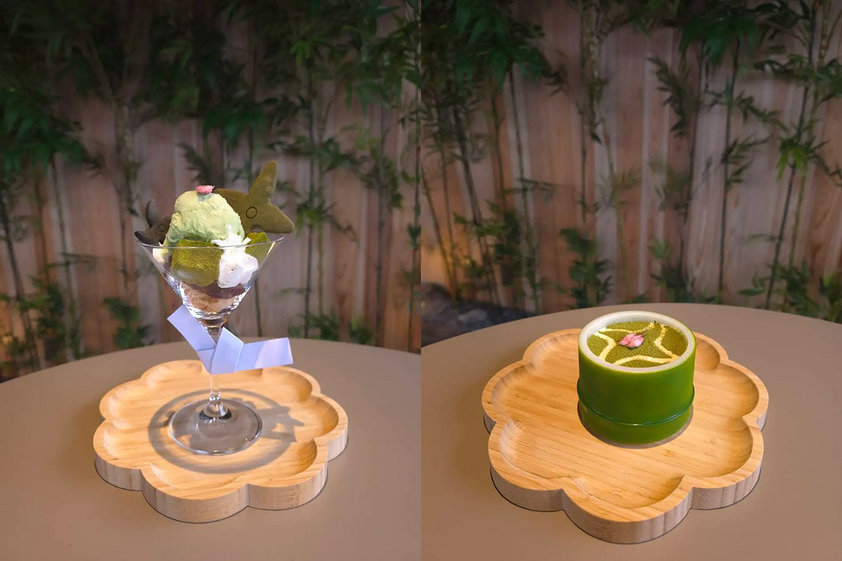 併設のカフェで味わえる「忍者パフェ極（きわみ）」（左）と「和忍（わにん）ティラミス」