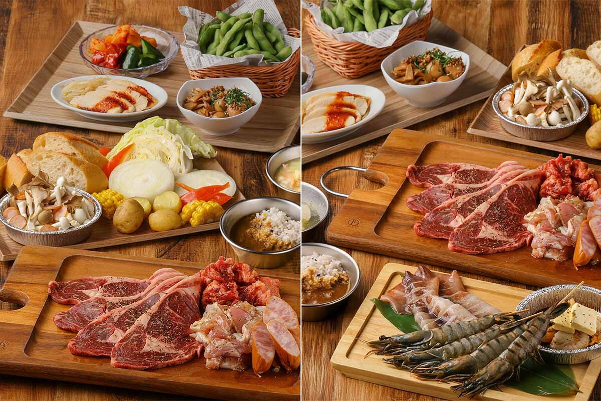 左より「国産牛ロースのBBQコース」（6,000円）、「国産牛ロースとシーフードのBBQコース」（7,000円）。「サントリービル屋上ビアガーデン」のBBQより