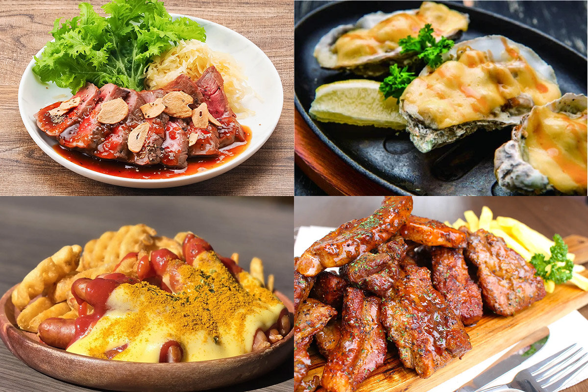 「牛もも肉のステーキ＆ポテト　焦がしニンニクソース」（左上）、「殻付きオイスターのガーリックバターソース」（右上）、「チーズカリーブルスト」（左下）、「スペアリブ ステーキ」（右下）