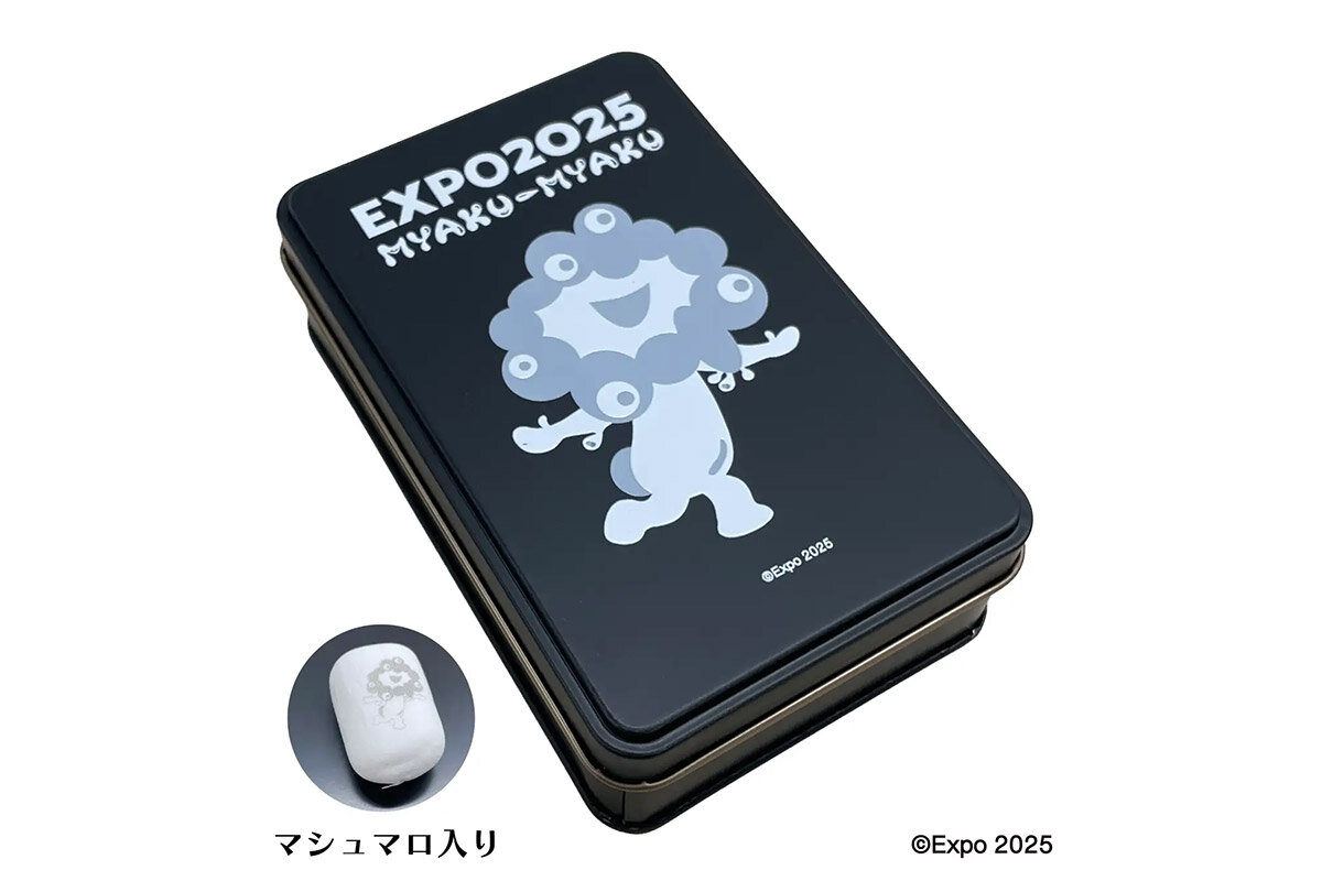 白ミャクミャクの「プリントマシュマロ入り缶」（Bデザイン、1,944円・税込）