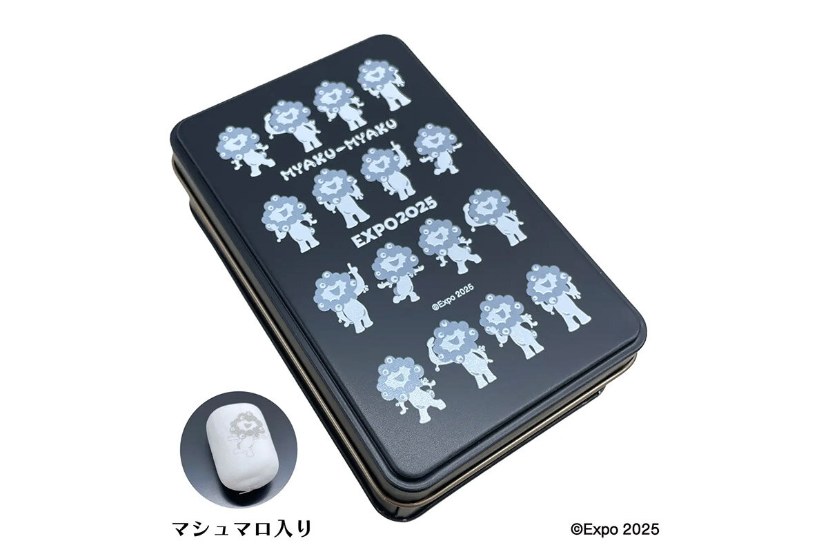 白ミャクミャクの「プリントマシュマロ入り缶」（Cデザイン、1,944円・税込）