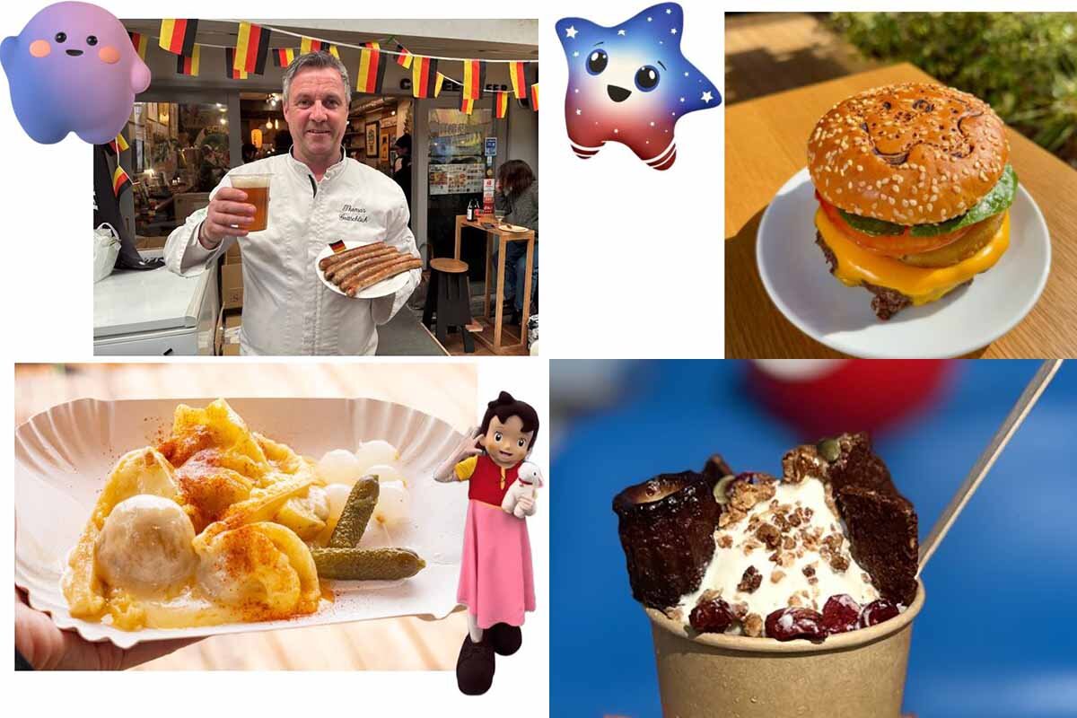 上段左からドイツレストランソーセージ、スパークバーガー、下段左からラクレット、カヌレパフェ