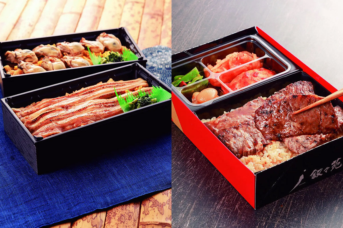「錦水館まめたぬき」の煮あなごめし＆牡蠣飯（左、ともに2,001円）、「叙々苑」のカルビ＆上タン塩弁当（各日限定数10個、グランドオープン記念特別価格3,701円・ともに税込）