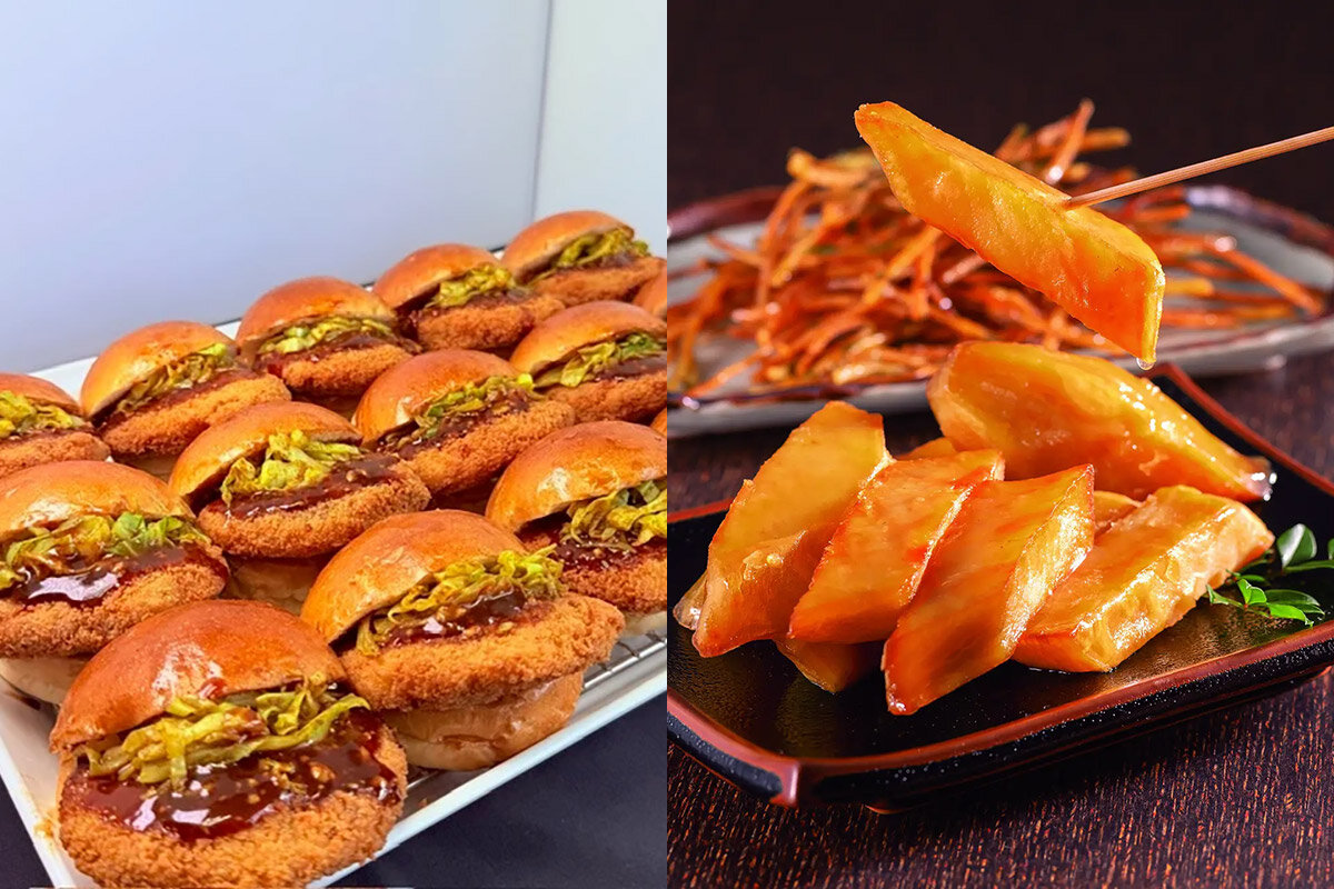 「かつぱんとあげもん広岡揚店」のみんちかつぱん（左、各日限定数500個、301円）、「芋菓子匠　嶋屋」の名物あべのポテト（328g入り・972円・ともに税込）