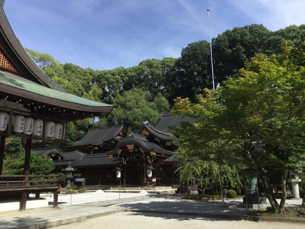 新緑に彩られた拝殿と本殿「紫野　今宮神社」（京都市北区）