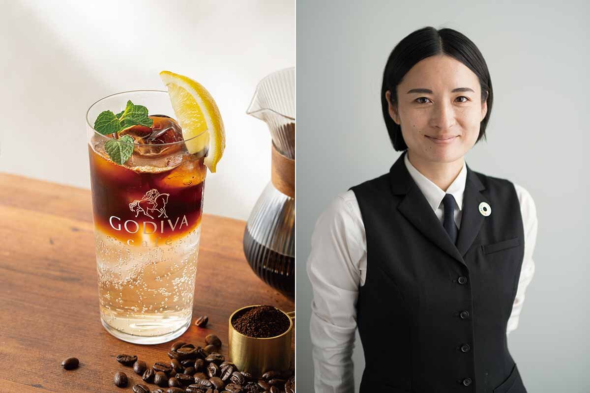 「ゴディバカフェ」と「小川珈琲」がコラボした「ジャスミンとアプリコットのコーヒーソーダ」（770円）と小川珈琲 チーフバリスタ 吉川寿子氏