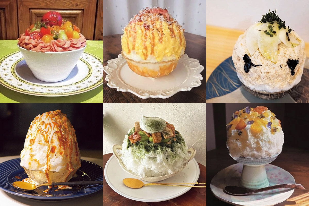 上段左「氷匠 ル・クレール」宮城マルセンファームさんのトマト氷（2,750円）、上段中「氷食卓家」キャラメルコーン（1,870円）、上段右「らしく」大根の昆布茶和え（1,951円）、下段左「氷ヲ刻メ」塩ちんすこうキャラメル（1,701円）、下段中「ヨリドコロヒヨリ」抹茶とうぐいすあんのミルフィーユ（1,980円）、下段右「MUSK＆U」たっぷり瀬戸内柑橘とセロリ（1,980円）※いずれも税込