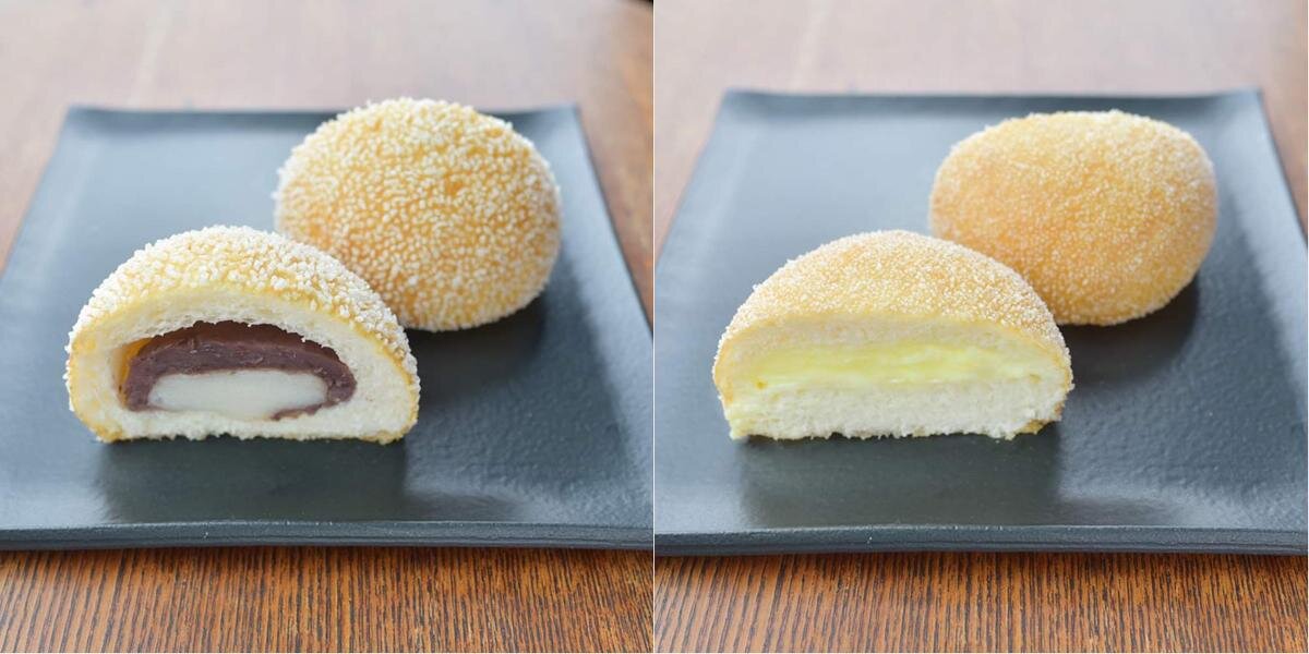 左：北海道の小倉あんにお餅が入った人気No. 1の「あんあげパン」　右：カスタードクリームにクリームチーズを練り込んだコクのある「クリームあげパン」。香り付けにバニラビーンズが入っています「芦屋あげパン パイクとそら」（兵庫・芦屋市東芦屋町）