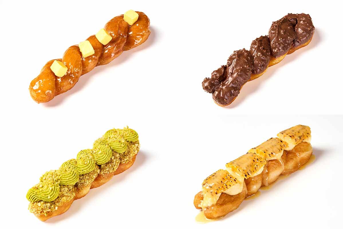 「BONTEMPS（ボンタン）」のドーナツ。左上から時計回りに「ソルティッドキャラメル」「アーモンドチョコ」「コーンクリーム」「ピスタチオ」