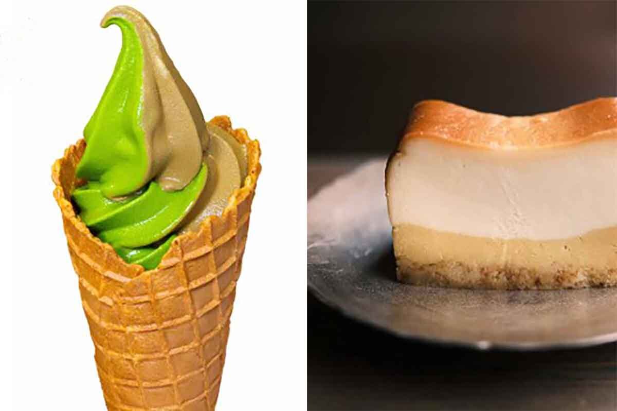 左から「むらちゃソフト〈抹茶＆ほうじ茶〉」（880円／道の駅 お茶の京都 みなみやましろ村）、「芋蜜チーズケーキ」（852円／芋と茶 頂-itadaki-）