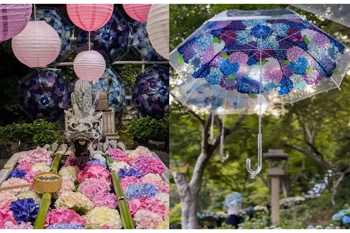 「柳谷観音 楊谷寺」の花手水（左）とアンブレラスカイ（写真／@macchan358さん）