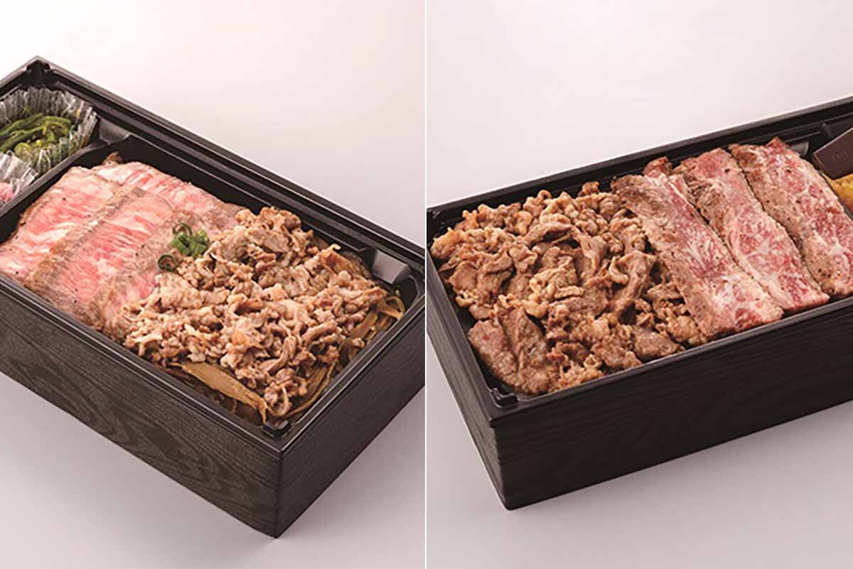 「米沢琥珀堂」の「米沢牛ステーキ＆すき焼き弁当」（左・2,970円）、「なごみ農産」の黒毛和牛を使った「山形牛ステーキ＆焼肉弁当」（2,484円）