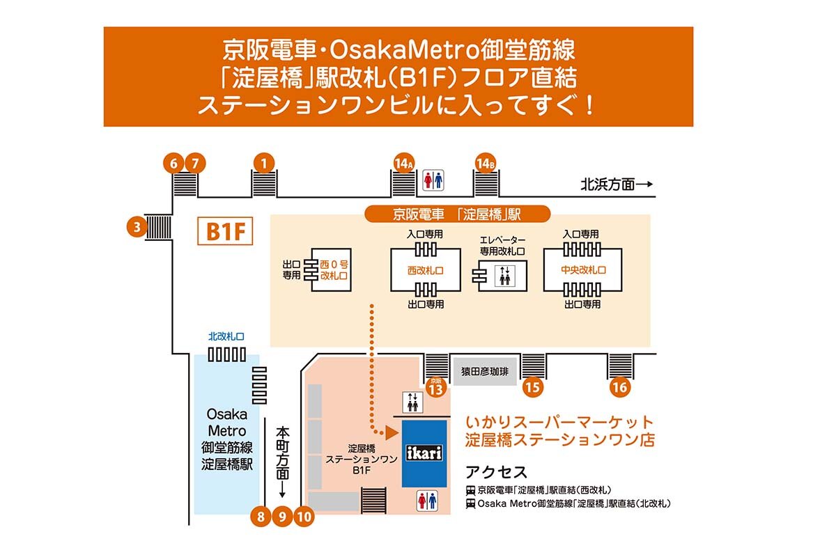 地下街における「いかりスーパーマーケット 淀屋橋ステーションワン店」の場所