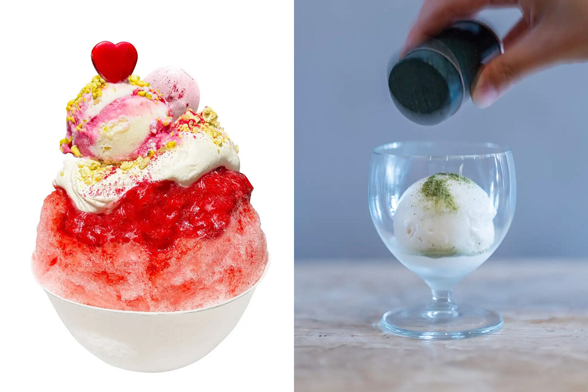 左：大阪「JULIAN ICE CREAM」と奈良「ほうせき箱」のコラボアイス・マジカルベリーフロート（2,310円）、右：東京「MAISON FARMER」の山椒みるく（シングル701円、ダブル951円）