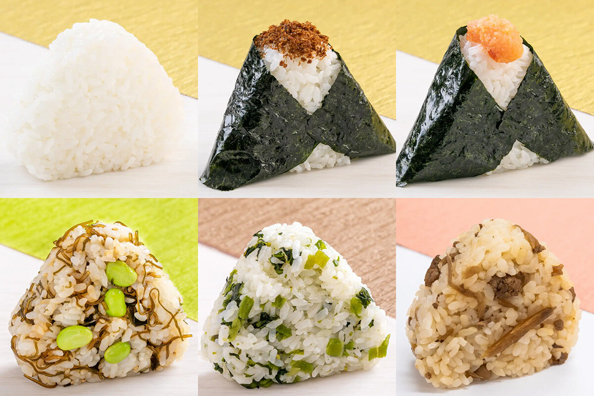 上段左から「銀白おにぎり」（260円）、「おかか」（300円）、「ふくや明太子」（380円）、下段左から「たっぷり枝豆と昆布」（320円）、「柚子胡椒高菜」（330円）、「鶏飯」340円