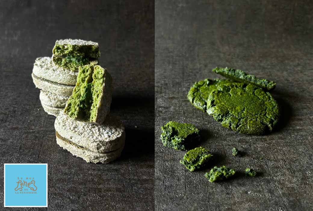 「ルネ・ドゥ・ラ・パティスリー」の「抹茶ダクワーズ」（左・1個340円、※阪急うめだ本店限定）、「抹茶チャンククッキー」（1枚320円）